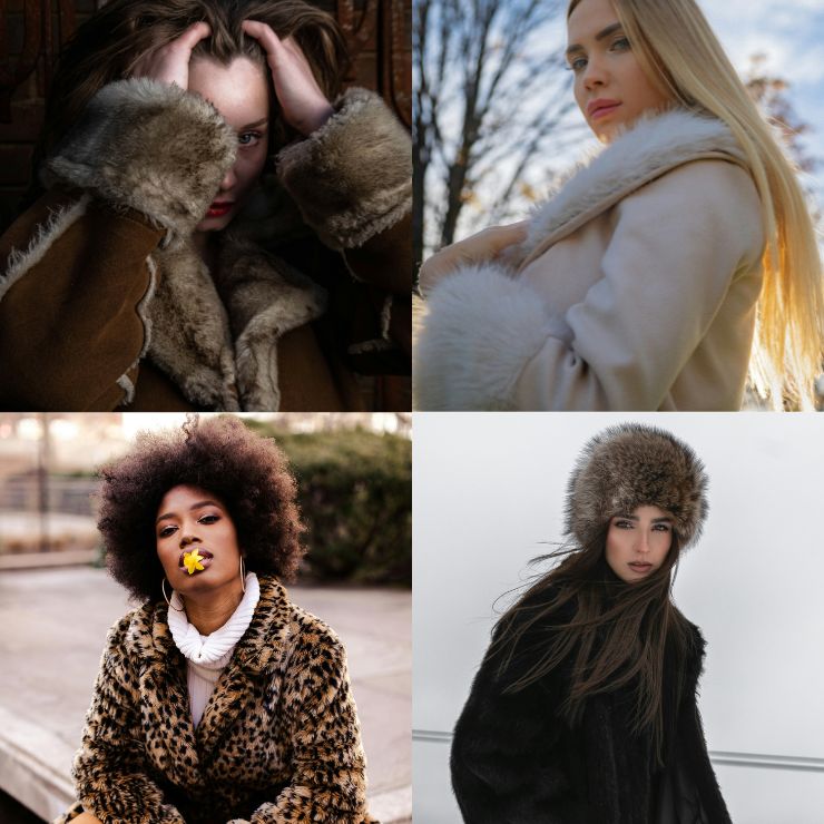 Un'immagine che mostra quattro donne che indossano ciascuna una pelliccia sintetica.