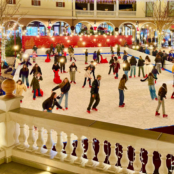 Viene mostrata una pista di pattinaggio affollata di persone che pattinano.